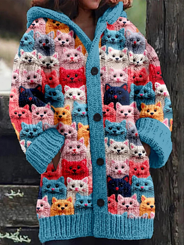 Petra | Damen Winter Hoodie Mantel mit Katzenprint