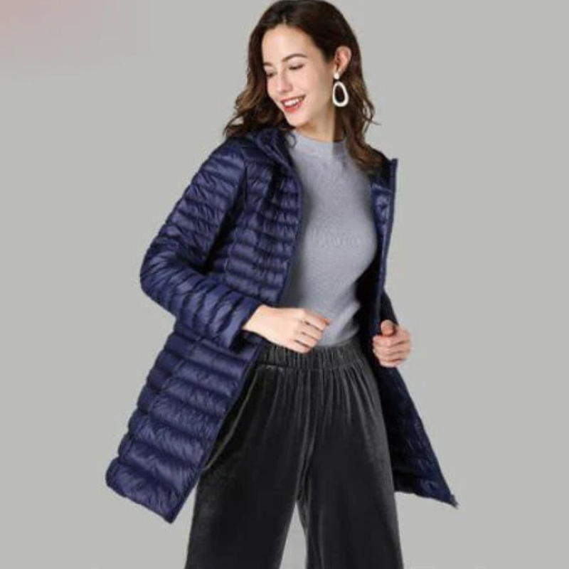 Helga | Damen Lange Steppjacke mit Kapuze