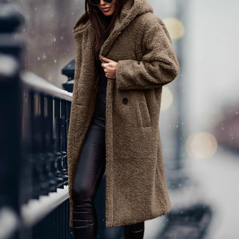 Susanne | Damen Warmer Langer Teddy-Mantel mit Taschen