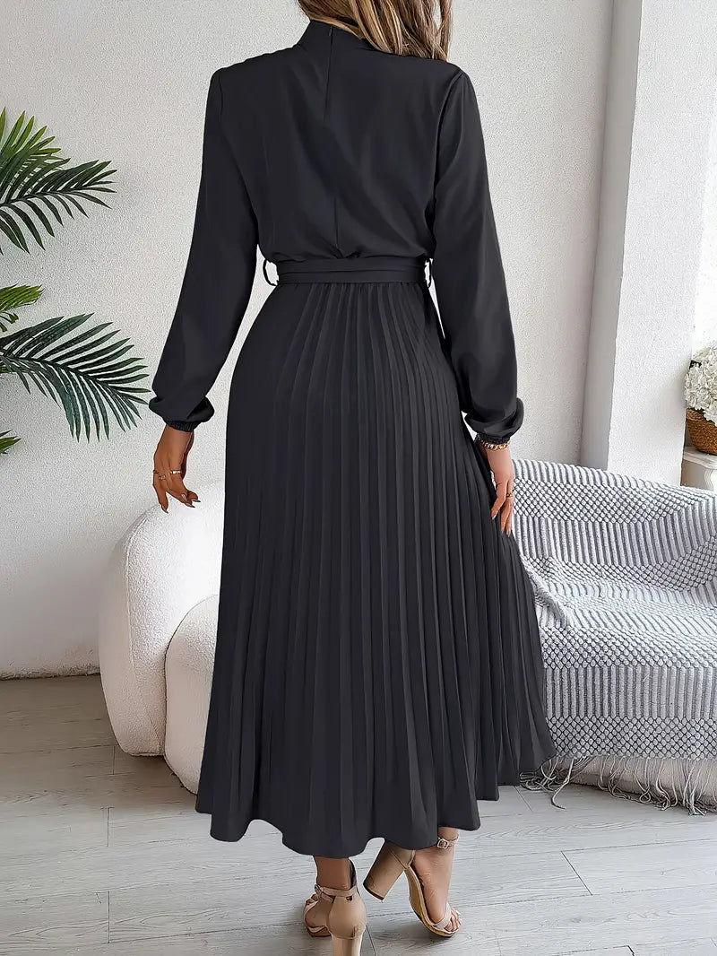 Frieda | Damen Midikleid mit hohem Kragen, Falten und Gürtel