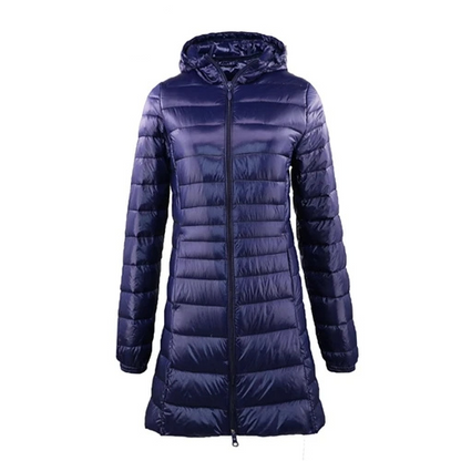 Dorothea | Damen Lange Steppjacke mit Kapuze und Reißverschluss