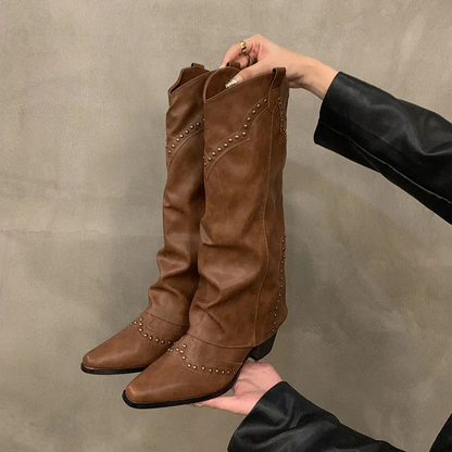 Sabine | Damen Winter Leder-Cowboystiefel mit Nieten