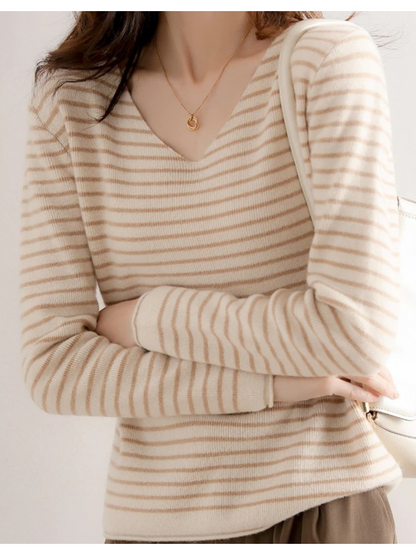 Ann | Damen Gestreiftes V-Ausschnitt Langarmshirt