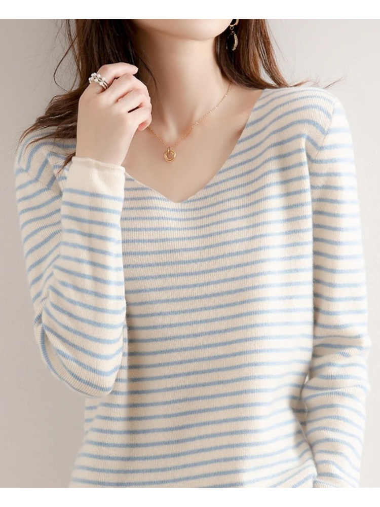 Ann | Damen Gestreiftes V-Ausschnitt Langarmshirt