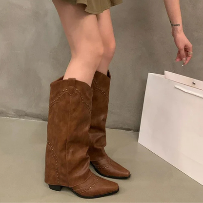 Sabine | Damen Winter Leder-Cowboystiefel mit Nieten