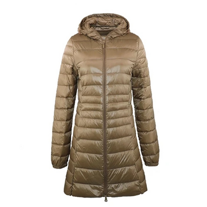 Dorothea | Damen Lange Steppjacke mit Kapuze und Reißverschluss