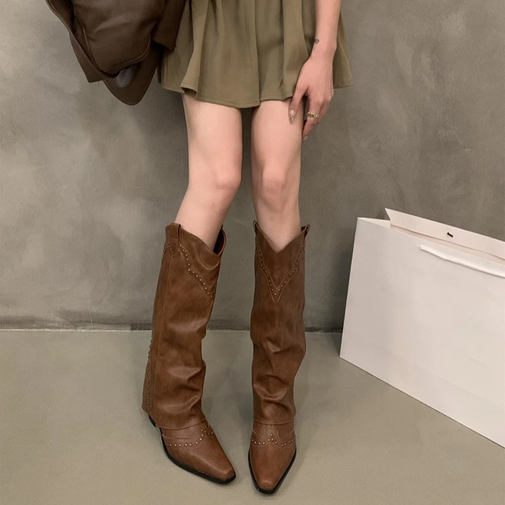 Sabine | Damen Winter Leder-Cowboystiefel mit Nieten