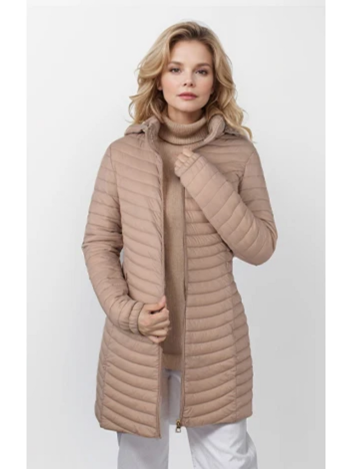 Britta | Damen Steppmantel mit Kapuze und Reißverschluss