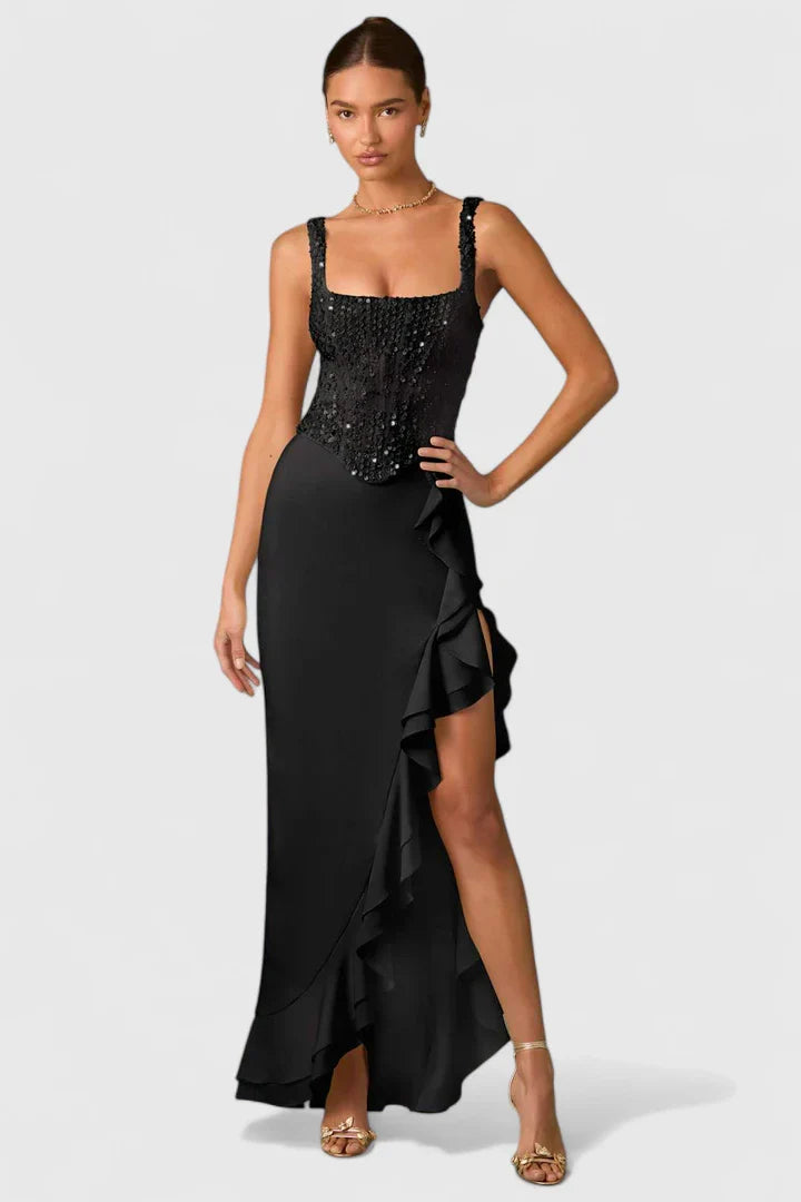 Sabine | Damen Kleid mit Quadratischem Ausschnitt, Rüschen und High-Low-Saum