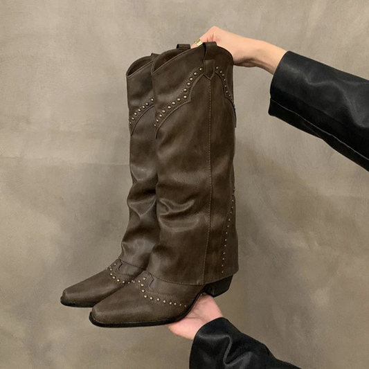Sabine | Damen Winter Leder-Cowboystiefel mit Nieten