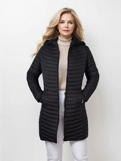 Britta | Damen Steppmantel mit Kapuze und Reißverschluss