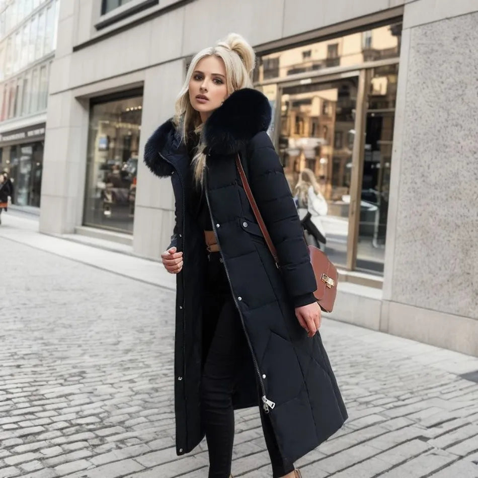 Jessica | Damen Winter Steppmantel mit Kapuzenbesatz