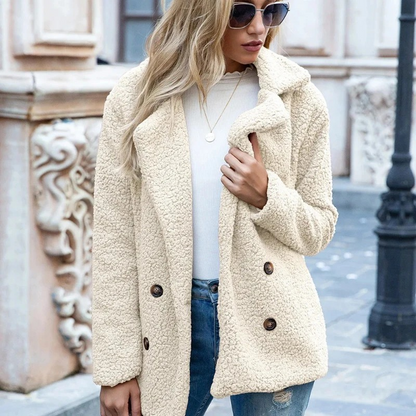 Claudia | Damen Kuscheliger Teddy-Mantel mit Doppelknöpfen