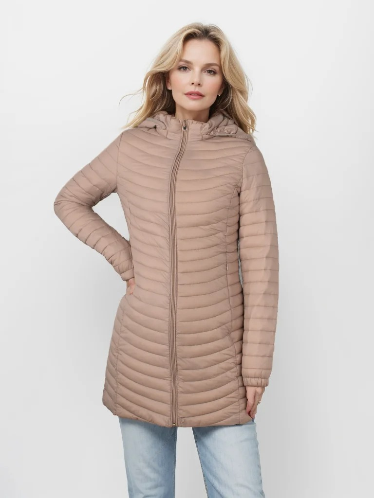 Britta | Damen Steppmantel mit Kapuze und Reißverschluss