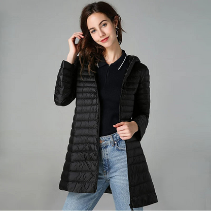 Helga | Damen Lange Steppjacke mit Kapuze