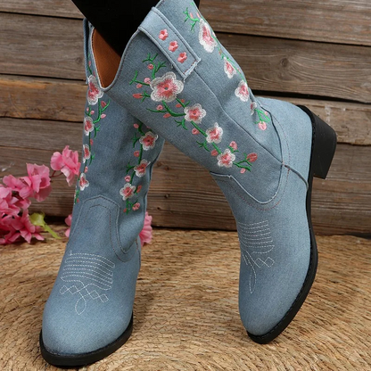 Maria | Damen Winter Westernstiefel mit Floralen Stickereien