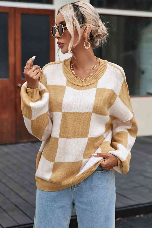 Sarah | Damen Gemütlicher Kariert Winterpullover