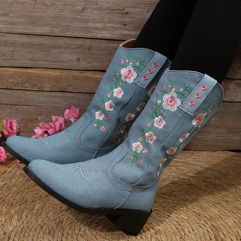 Maria | Damen Winter Westernstiefel mit Floralen Stickereien