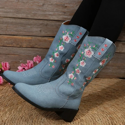 Maria | Damen Winter Westernstiefel mit Floralen Stickereien