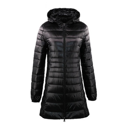 Dorothea | Damen Lange Steppjacke mit Kapuze und Reißverschluss