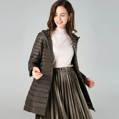 Helga | Damen Lange Steppjacke mit Kapuze