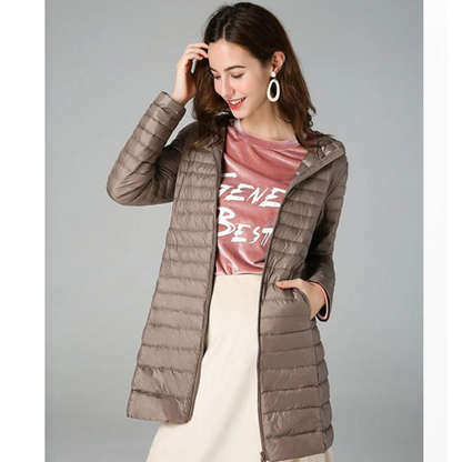 Helga | Damen Lange Steppjacke mit Kapuze