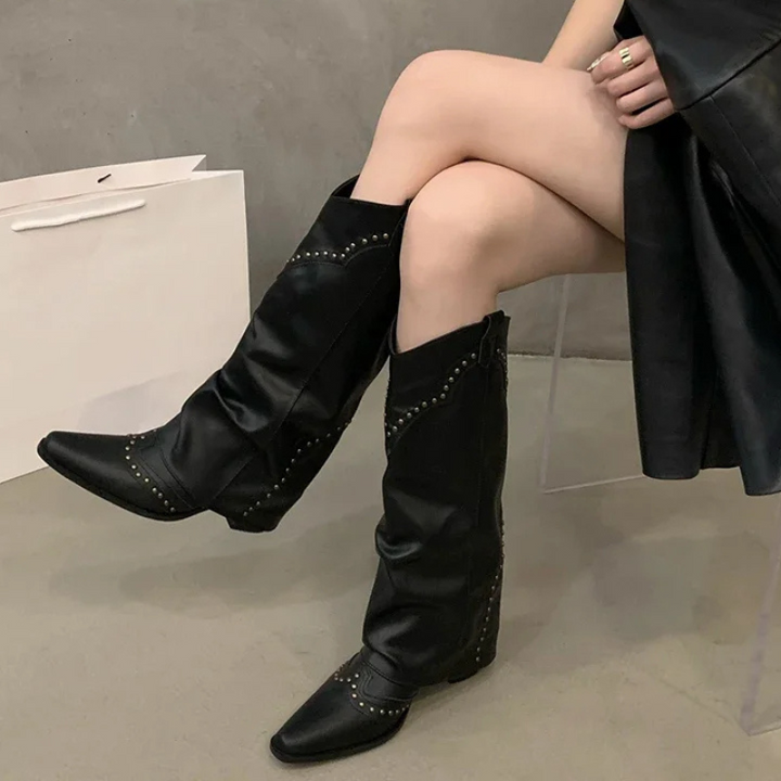 Sabine | Damen Winter Leder-Cowboystiefel mit Nieten