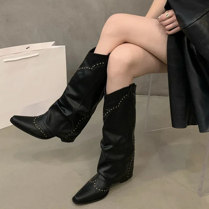 Sabine | Damen Winter Leder-Cowboystiefel mit Nieten