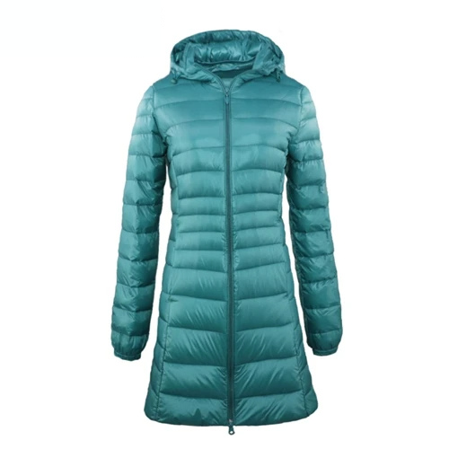 Dorothea | Damen Lange Steppjacke mit Kapuze und Reißverschluss