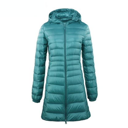 Dorothea | Damen Lange Steppjacke mit Kapuze und Reißverschluss