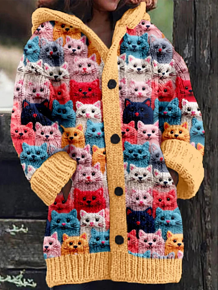 Petra | Damen Winter Hoodie Mantel mit Katzenprint