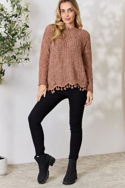 Magdalena | Damen Winter Strickpullover mit Fransen Saum