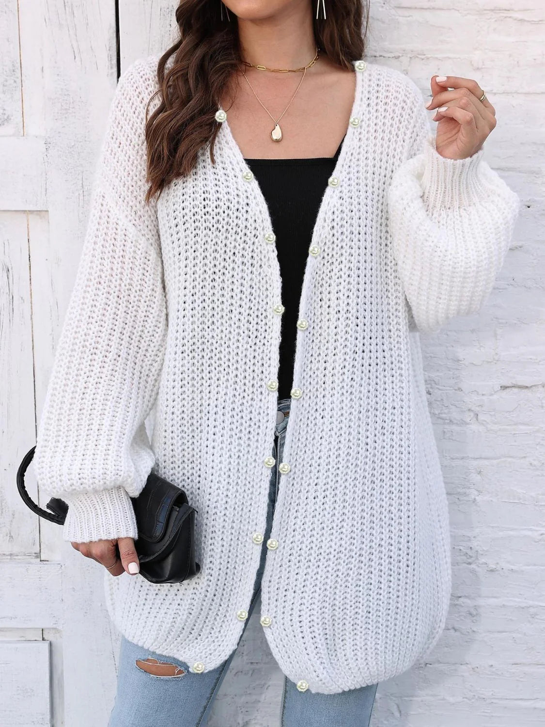 Renate | Damen Winter Button-Down Strickjacke mit Perlen