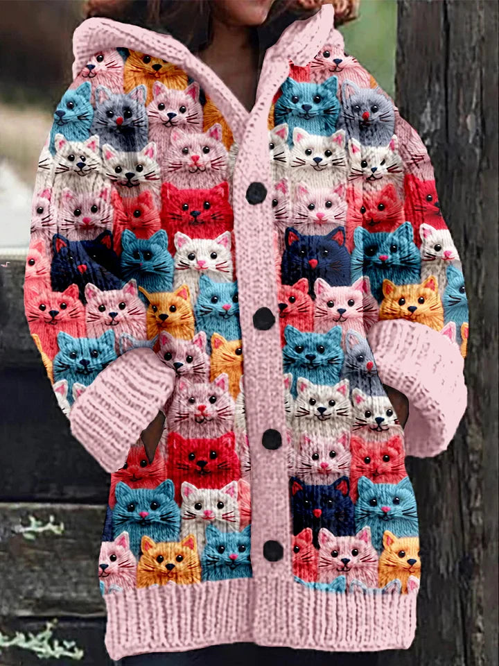 Petra | Damen Winter Hoodie Mantel mit Katzenprint