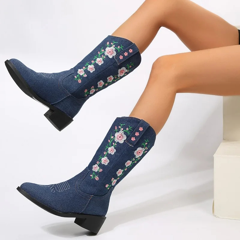 Maria | Damen Winter Westernstiefel mit Floralen Stickereien