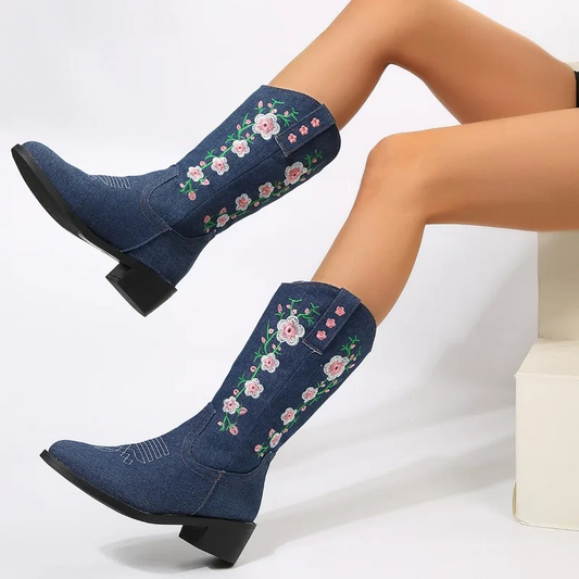 Maria | Damen Winter Westernstiefel mit Floralen Stickereien