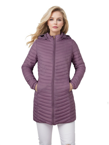 Britta | Damen Steppmantel mit Kapuze und Reißverschluss