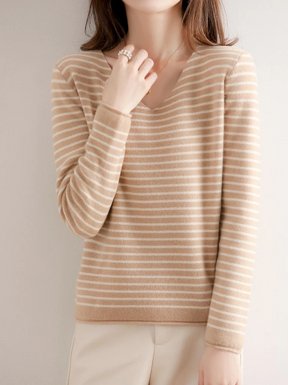 Ann | Damen Gestreiftes V-Ausschnitt Langarmshirt