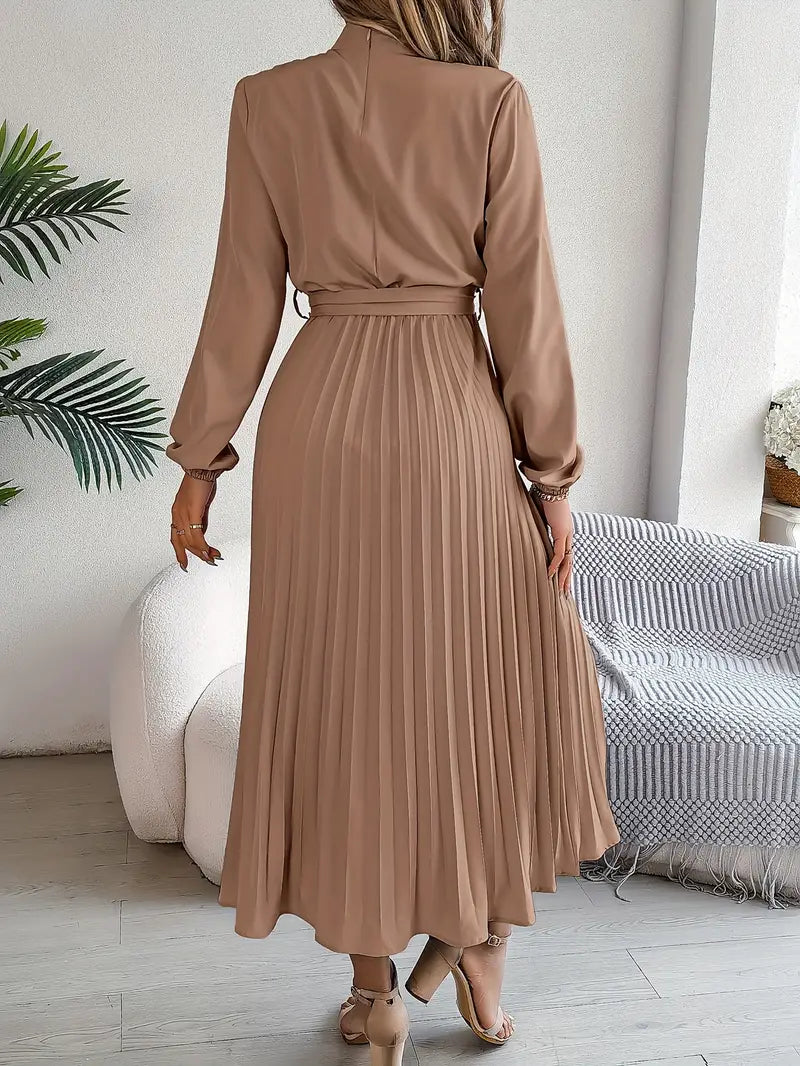 Frieda | Damen Midikleid mit hohem Kragen, Falten und Gürtel