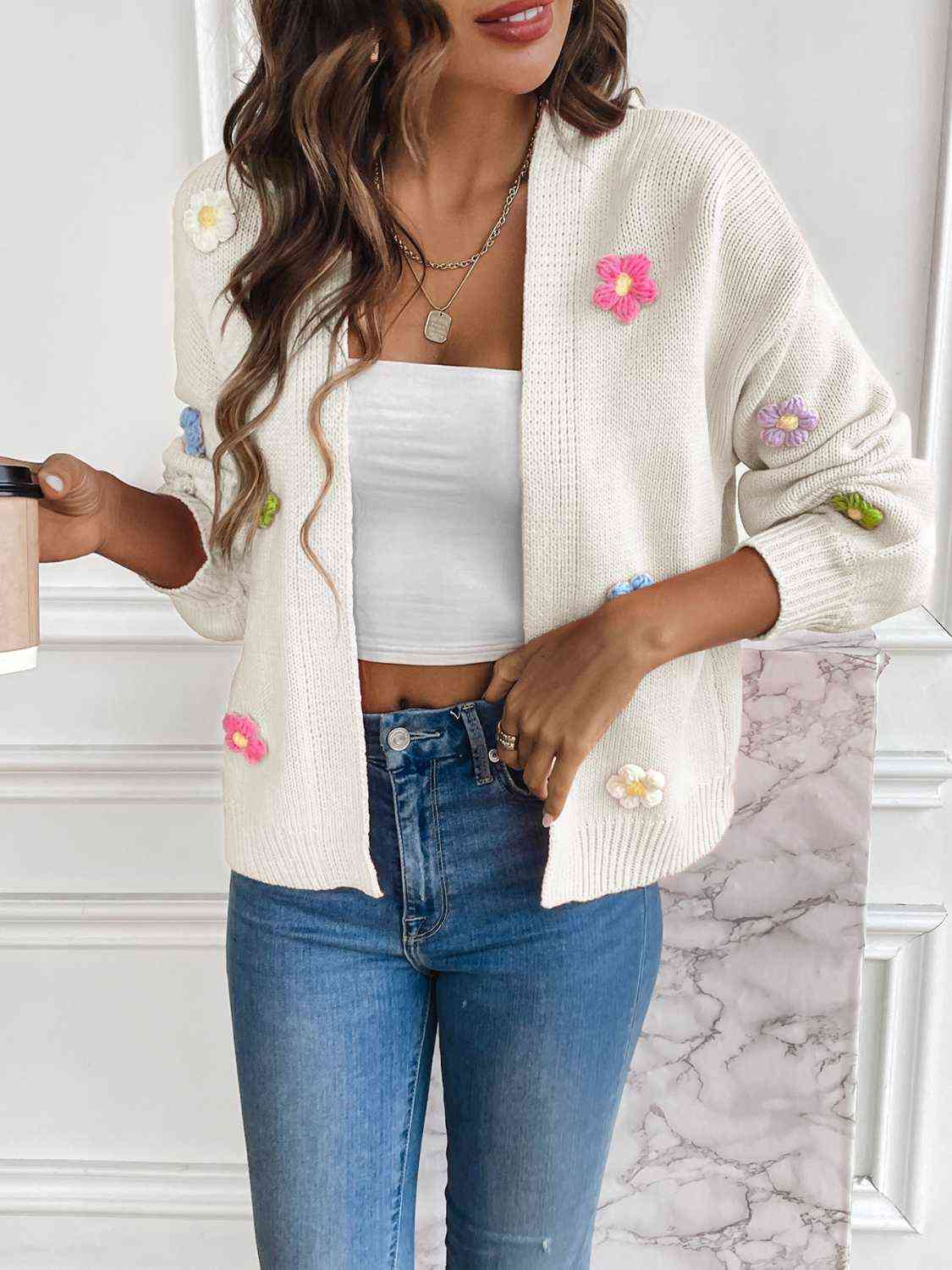 Melanie | Damen Winter Blumen Offener Cardigan