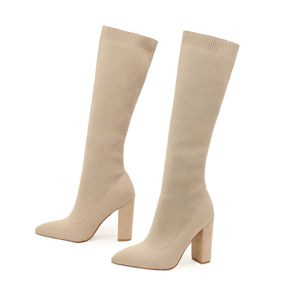 Angela | Damen Winter Strickstiefel mit Hohem Absatz