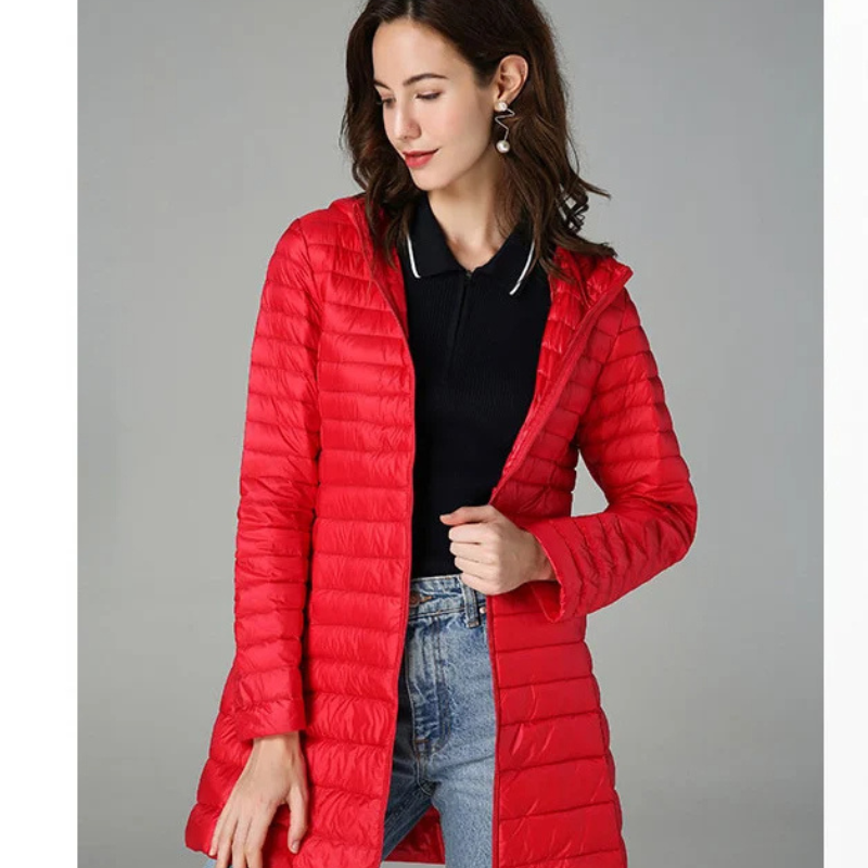 Helga | Damen Lange Steppjacke mit Kapuze