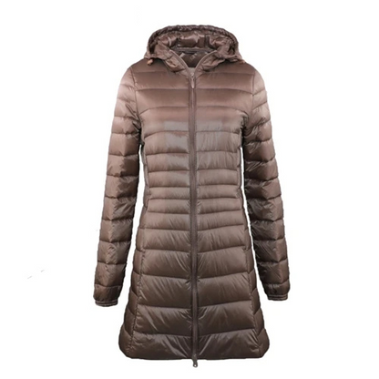 Dorothea | Damen Lange Steppjacke mit Kapuze und Reißverschluss