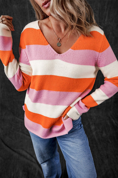 Julia | Damen Winter V-Ausschnitt Gestreifter Pullover