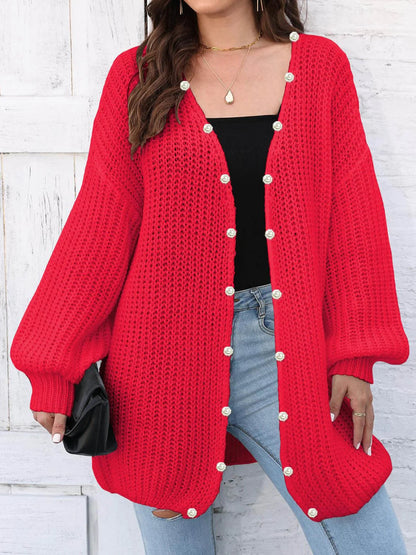 Renate | Damen Winter Button-Down Strickjacke mit Perlen
