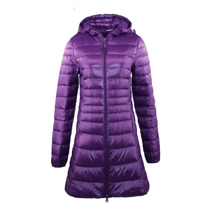 Dorothea | Damen Lange Steppjacke mit Kapuze und Reißverschluss