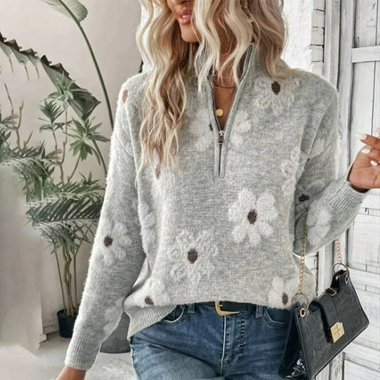 Jana | Damen Winter Blumen Zip-Pullover
