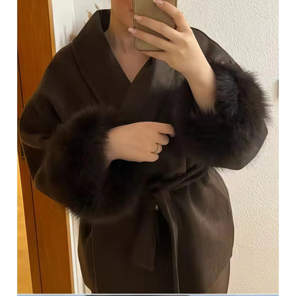 Regine | Damen Mantel mit Kunstpelzbesatz und Gürtel Winterstil