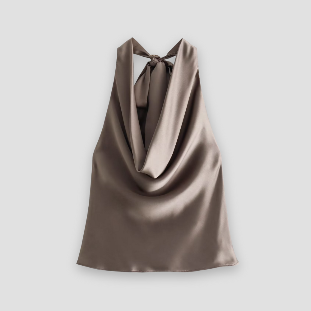 Carolin | Damen Satin-Top mit Drapiertem Halterneck und Offenem Rücken