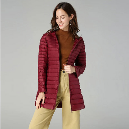 Helga | Damen Lange Steppjacke mit Kapuze